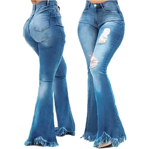 Hoge Kwaliteit 2024 Nieuwe Stijl Vrouwen Gescheurde Jeans Denim Stretch Slim Fit Uitlopende Broek Hoge Taille Plus Size Dames Oem