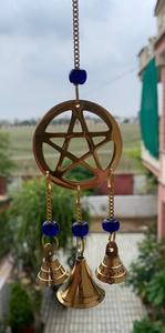 Indoor Brass Pentagram Hanging Bells With <b>Beads</b> Wind Chimes for Home Decoration Three Bells <b>Metal</b> Wind Bell By Indian Consigners - Product Image 2