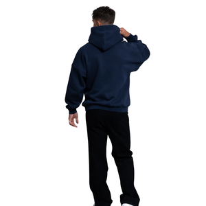 Sweat-shirt à capuche oversize bleu foncé pour homme, 50% coton, 50% polyester, épaules tombantes, streetwear, coupe décontractée, sweat-shirt d'hiver - Product Image 5