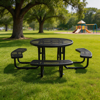 Table de pique-nique extérieure ronde en métal expansé avec bancs, table de parc robuste 6 places pour jardin, terrasse et espaces publics