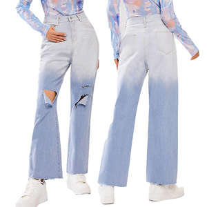 Jeans en denim délavé pour femmes personnalisable en gros pantalon en jean large déchiré effiloché pour femmes - Product Image 1