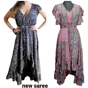 New indian hot sale traditional multi color printed new silk saree long dress sexy sleeveless summer wear dress