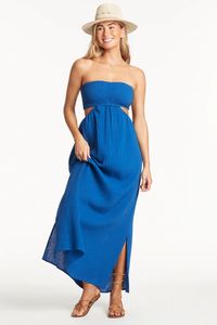 Mejor diseño señoras fuera del hombro largo azul Maxi vestido sin tirantes algodón gasa tela playa Smocked hasta el suelo Maxi vestido - Product Image 4