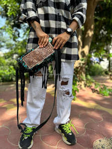 New Arrival Western Real Handmade Hair on Fur Tooled <b>Leather</b> Fringe Sling Bag Stylish Women Concealed Carry Casual Crossbody Bag - Product Image 2