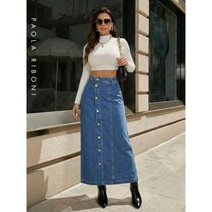 Jupe longue en jean taille haute pour femme Paola Riboni, boutonnée sur le devant, coupe trapèze, couleur unie, style vintage, formelle, mode été-hiver, streetwear - Product Image 1