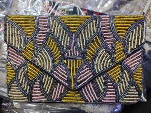 Shreeya Fineries Handmade Satin Beaded Envelope <b>Clutch</b> Purse Geometric Pattern Chain Strap Zipper Closure Evening Bag - Product Image 1