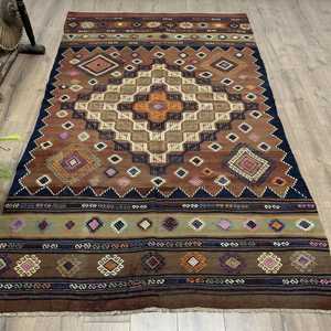 5.3x8.6 ft Rug, Turkish Vintage Area Rug, <b>Brown</b> Kilim <b>Wool</b> Rug - Product Image 1
