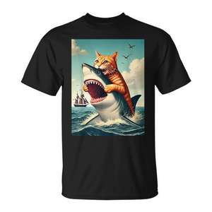Camiseta Divertida de Gato Naranja Mordiendo a un Tiburón para Promociones - Product Image 1