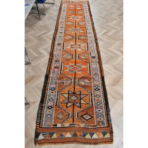 2.5x11.2 ft Vintage <b>Rug</b>, Turkish <b>Runner</b> <b>Rug</b>, Orange Brown Camouflage Wool <b>Rug</b> - Product Image 1