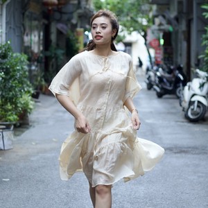 100% Ramie Mid-Length Dress Oversized Silhouette Stylish Vintage Digital Printing Plain Dyed Technique Breathable for Autumn - Product Image 1