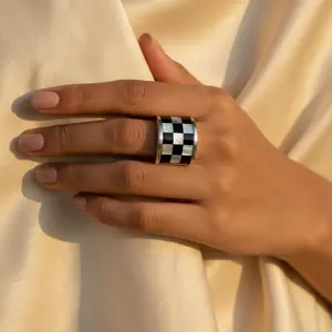 925 Silver Checkered <b>Ring</b> for Women Elegant Mother of <b>Pearl</b> Accent <b>Ring</b> - Product Image 2