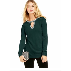 Maglione Verde con Decorazioni e Scollo a Goccia per Donna, Taglia Media, Collezione Autunnale INC International Concepts - Product Image 1