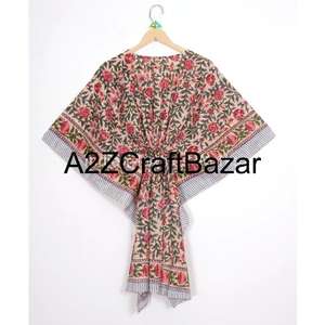 Robe kaftan mi-longue bohème sexy en coton 100% fait main, imprimé floral, col en V, manches courtes, silhouette moulante, écologique, respirante - Product Image 5