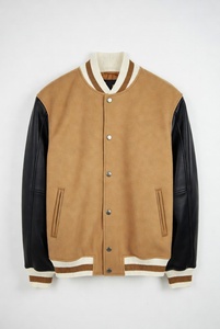 Custom Leather Patch and Embroidery <b>Varsity</b> <b>Jacket</b> Dark Green Body Brown Sleeves Striped Knit Cuffs Collar - Product Image 2