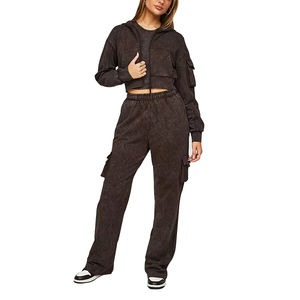 100% survêtement personnalisé lavé à l'acide avec fermeture éclair et pantalon évasé nouveau Style 100% coton polaire lourde 400 Gsm pour les femmes - Product Image 1