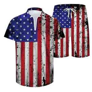 Ensemble deux pièces décontracté sportif pour homme, chemise à col montant unie personnalisée pour l'été, manches courtes, short, coton-polyester - Product Image 6