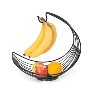 Modern Unique Style Metal Fruit Basket with Banana Hanger Eco Friendly Black Powder Coated Iron Vegetable Storage Basket