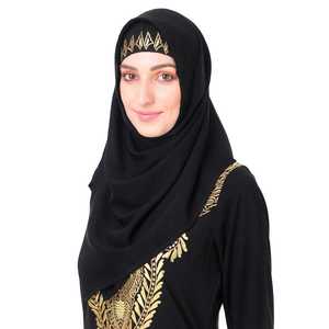 Abaya droite modeste en satin AY-807 avec col brodé main or et cuivre, taille naturelle en satin - Product Image 6