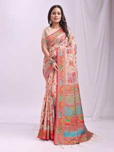 Sarees tissés en coton de lin pur de qualité supérieure Style formel en soie avec travail Zari et glands traditionnels vêtements indiens et pakistanais - Product Image 5