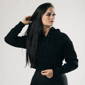 Top corto de gimnasio con cremallera de franela personalizable para mujer, Sudadera con capucha de gran tamaño con dobladillo crudo, corte en V, ropa de Yoga para Fitness, venta al por mayor para invierno - Product Image 6