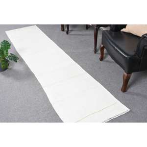 Alfombra de lana hecha a mano blanca moderna de 2x8,7 pies, diseño rectangular de retazos turcos para decoración para sala de estar, látex para uso en el pasillo del dormitorio - Product Image 1