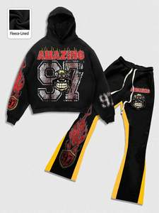 Ensemble de survêtements deux pièces en coton personnalisé unisexe, sweats à capuche à ourlet brut, pantalons de survêtement évasés empilés, impression bouffante 3D, hiver-femmes/hommes - Product Image 6