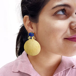 Designer Big <b>Stud</b> Earring with Lapis Gemstone Gold Plated Brass Jewelry Bezel Setting Inlay - Product Image 3