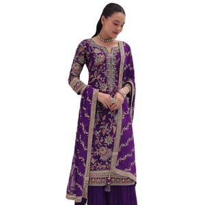 ชุดเคอร์ต้าชาราปักลายผ้าจอร์เจียสีม่วงพร้อมงาน zari และ dupatta สำหรับงานรื่นเริงงานเลี้ยงงานแต่งงานงานต้อนรับ - Product Image 2
