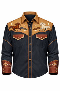 Camisa Vaquera Occidental de Manga Larga con Bordado, Estilo Rodeo, Abotonada, Vintage, Casual, Corte Ajustado, Ribete en Contraste, Personalizada - Product Image 1