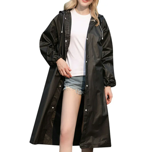 Chubasquero negro transpirable para adultos Chaqueta larga impermeable con tela de lona con cuello levantado para mujeres - Product Image 1
