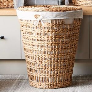 Natural seagrass and rattan <b>woven</b> <b>basket</b> for clothes <b>storage</b> with lid and liner ideal for laundry and home use - Product Image 5