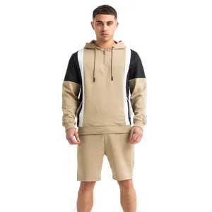 Custom made biker activewear plus size two piece cotton sateen zip up blank hoodie men's short set