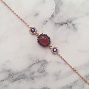 925 Sterling <b>Silver</b> Evil Eye Bead <b>Bracelet</b> with Ruby Red Opal Stone & Enamel Elegant <b>Bangles</b> - Product Image 2