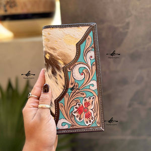 Western Style Cowhide Fur Leather <b>Men's</b> Long Wallet <b>Hand</b> Tooled Carving Hot Sale Fashion Stylish Cash Holder Gift for Him - Product Image 1
