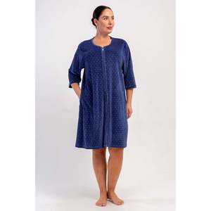Robe de nuit pour femme en coton velours XXL, coupe ample, 3/4, avec poches et fermeture éclair - Bleu marine - Bleu marine - Product Image 1