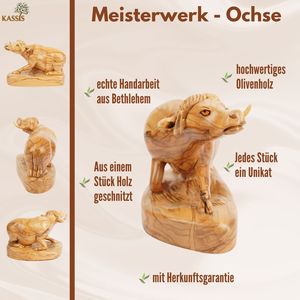 Bœuf sculpté à la main en bois d'olivier – Sculpture en bois exclusive de Bethléem (18 cm) - Product Image 5