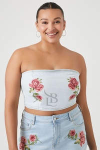 Tallas grandes Floral Denim Tube Top 2025 Precio bajo Alta calidad Transpirable Mujeres Denim Jeans Tube Top camisa de mujer al por mayor - Product Image 3