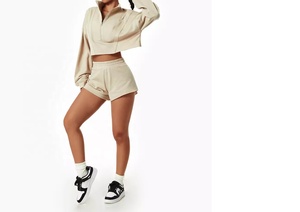 2024 High Quality Women's Cotton Sweatshirt Half <b>Zip</b> Crop Top Jogger <b>Shorts</b> Workout Sets Summer Lightweight Breathable Quick Dry - Product Image 2