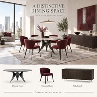 Ensemble de meubles modernes gris perle et bordeaux sur mesure pour toute la maison, canapé, table ronde à manger, chaises et lit rembourré