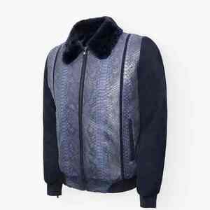 Top Quality New Detachable Rex Collar Fur <b>Blue</b> Python Embossed Leather Jacket For <b>Men</b> New Snakeskin Bomber Jacket - Product Image 3