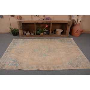 Vintage 4.5 X 7.1ft tapis turc Beige bleu classique grande surface Rectangle motif abstrait laine Latex pour couloir chambre décor - Product Image 4