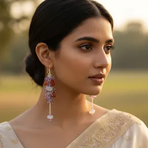 Boucles d'oreilles pendantes en argent 925 avec améthyste et pompons, style bohème, bijoux de mariage du Rajasthan pour femmes - Product Image 1