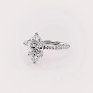 IGI Certified Marquise Cut Lab Grown Diamond Engagement <b>Ring</b> with Pave Band in Solid 925 Sterling <b>Silver</b> - Product Image 2