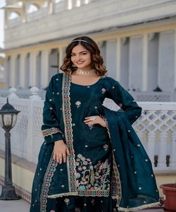 ATTRACTIVE GOLD CRUSH SEQUENCE BRODERIE DAMAN WORK TOP PALAZZO AVEC DUPATTA MARIAGE VÊTEMENT ETHNIQUE À PRIX DE GROS - Product Image 3