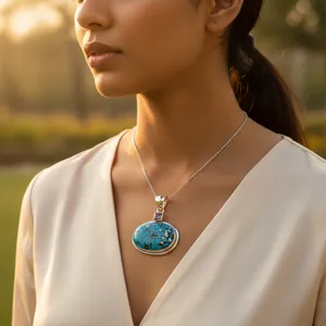 Pendentif en argent 925 fait main pour femmes, pierre turquoise, bijoux religieux en pierres précieuses avec des accents de perles d'or, de cristal et de diamants - Product Image 1