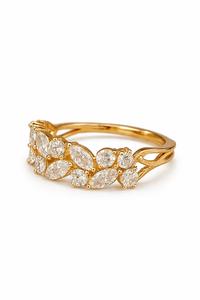 Bague d'éternité en or massif 18 carats certifiée IGI avec diamants de laboratoire marquise et ronds, motif floral en feuille, alliance pour femme - Product Image 2