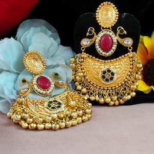Pendientes de piedra pulida y moissanita Apala para mujer, lujoso acabado dorado antiguo, Ideal para bodas, ocasiones especiales - Product Image 3