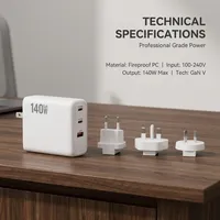 Bloc chargeur USB C 140W GaN, chargeur rapide pour téléphone et ordinateur portable, adaptateur secteur mural avec prises convertibles UK, EU, AU