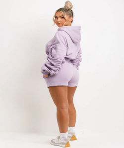 ชุดเสื้อมีฮู้ดและกางเกงขาสั้นผ้าโพลีเอสเตอร์/ ผ้าฝ้ายแบบถักสองชิ้นโลโก้ออกแบบได้ตามต้องการ - Product Image 3