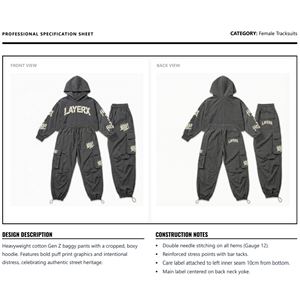 Conjunto de Chándal Personalizado al por Mayor para Mujer: Cortavientos Cargo Estampado Sólido, Sudadera con Capucha Larga Desgastada y Pantalones Holgados Estilo Urbano - Product Image 6